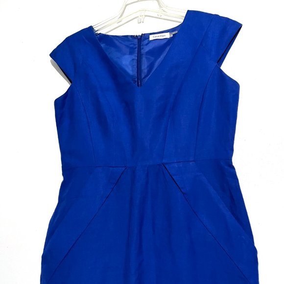 Classic Blue Linen-Blend Career Sheath Dress with Side Pockets - Picture 6 of 17